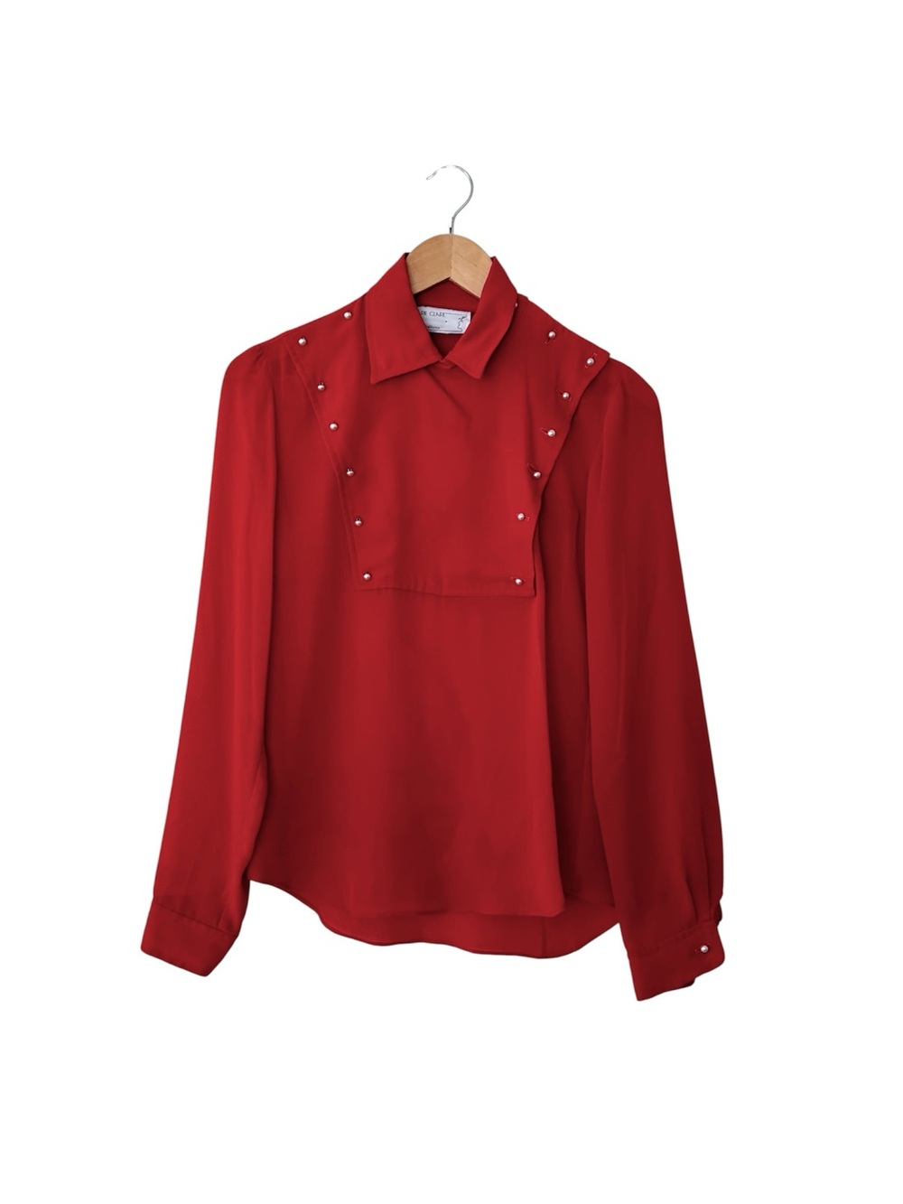 Women's Red pearl button bib -Detailed Long Sleeve Blouse
